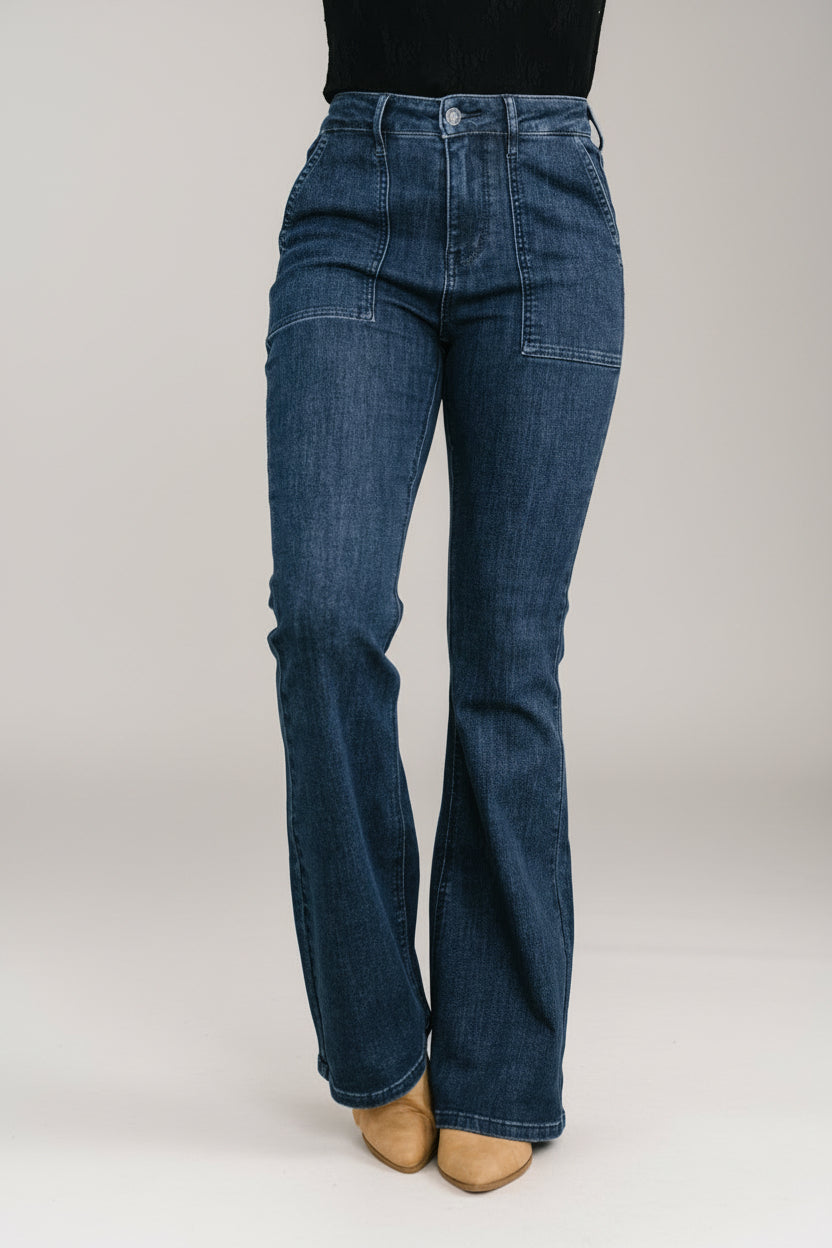 Jada High Waist Flare Denim Jeans with Patch Pockets