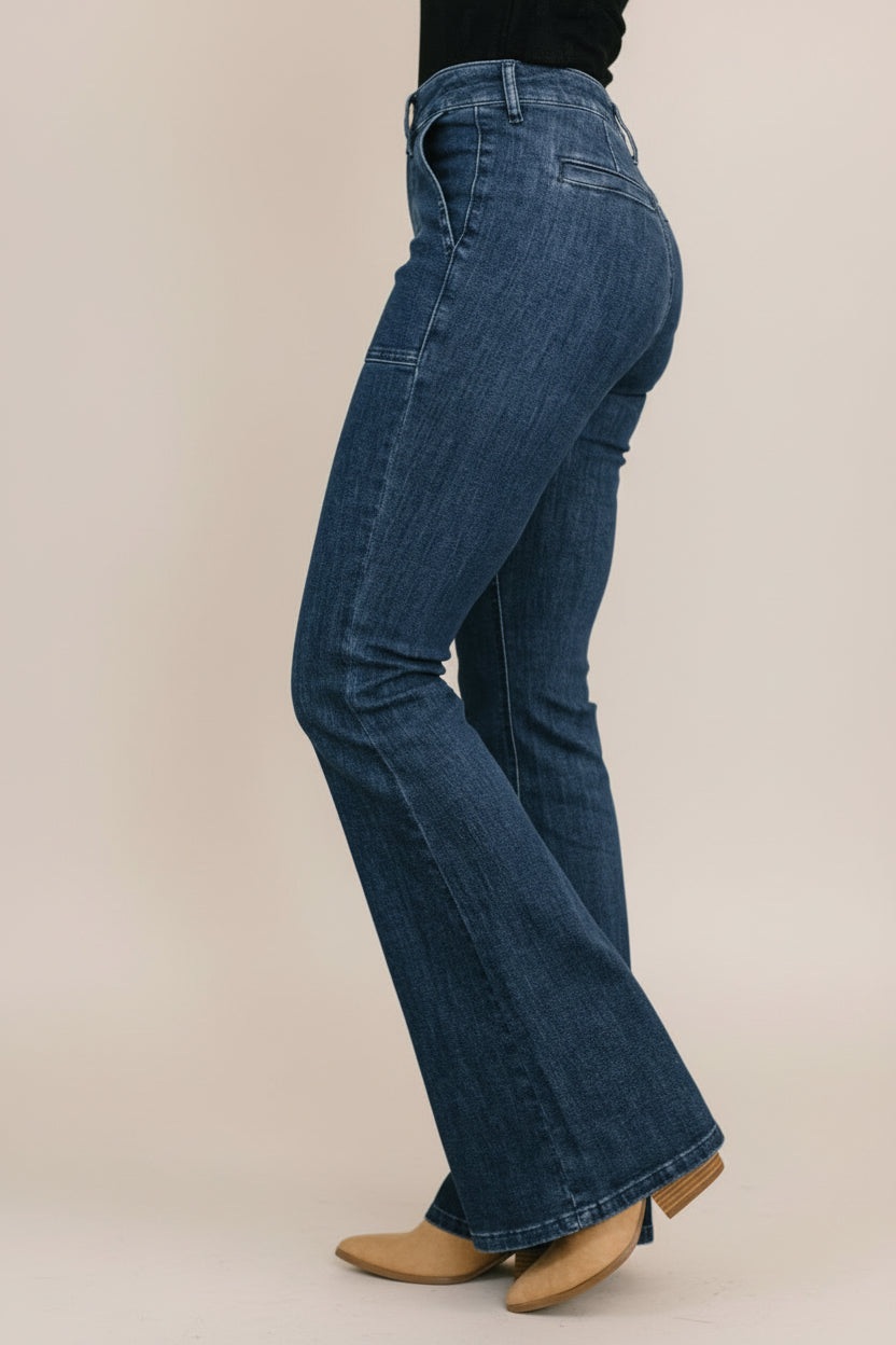 Jada High Waist Flare Denim Jeans with Patch Pockets