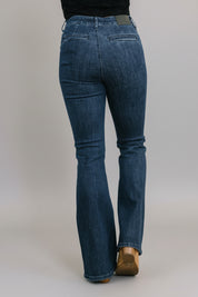 Jada High Waist Flare Bootcut Jeans in Dark Blue Denim with Patch Pockets