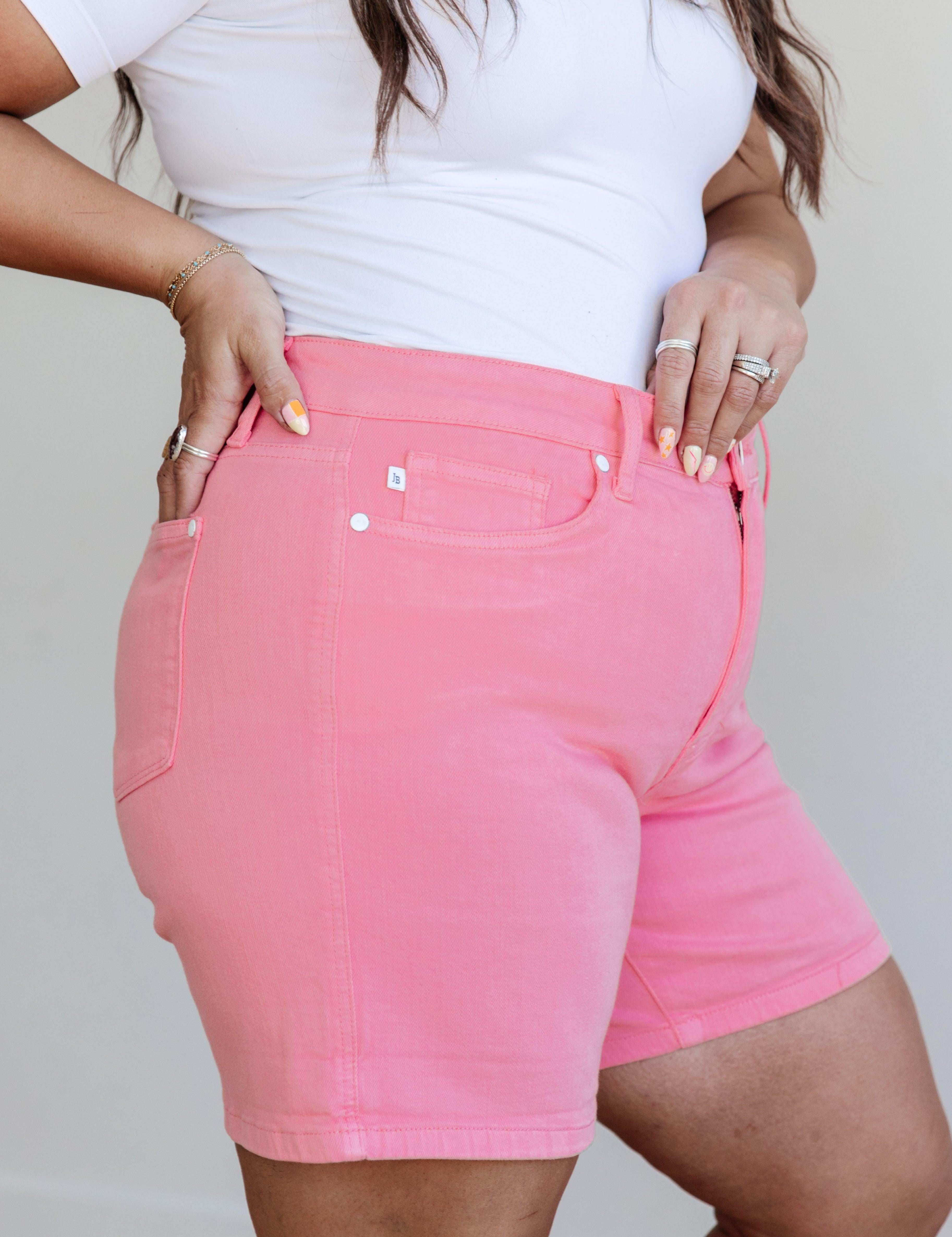 Judy Blue Pink High Rise Control Top Cuffed Shorts | Denim Shorts Daverri Fashions