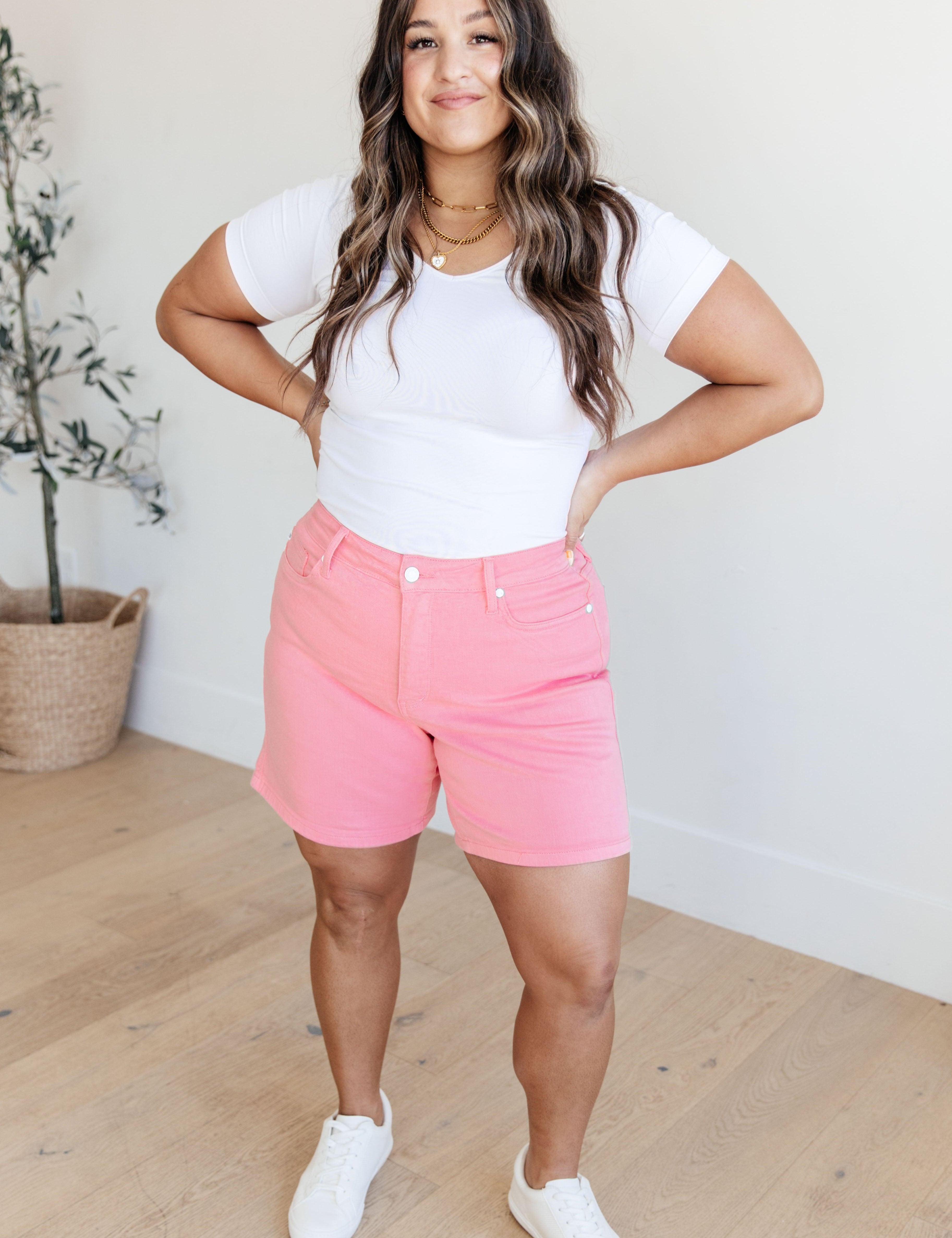 Judy Blue Pink High Rise Control Top Cuffed Shorts | Denim Shorts Daverri Fashions