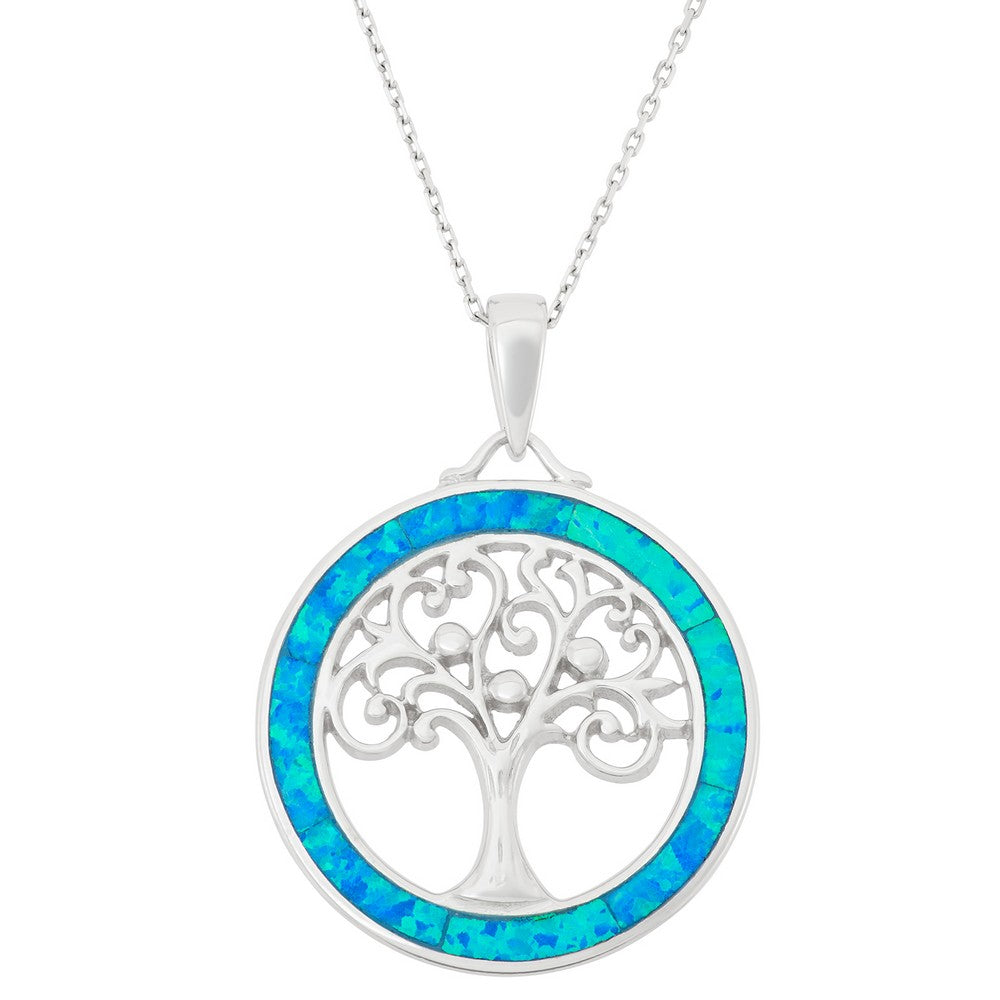 Sterling Silver Blue Inlay Opal Open Tree of Life Pendant Pendants