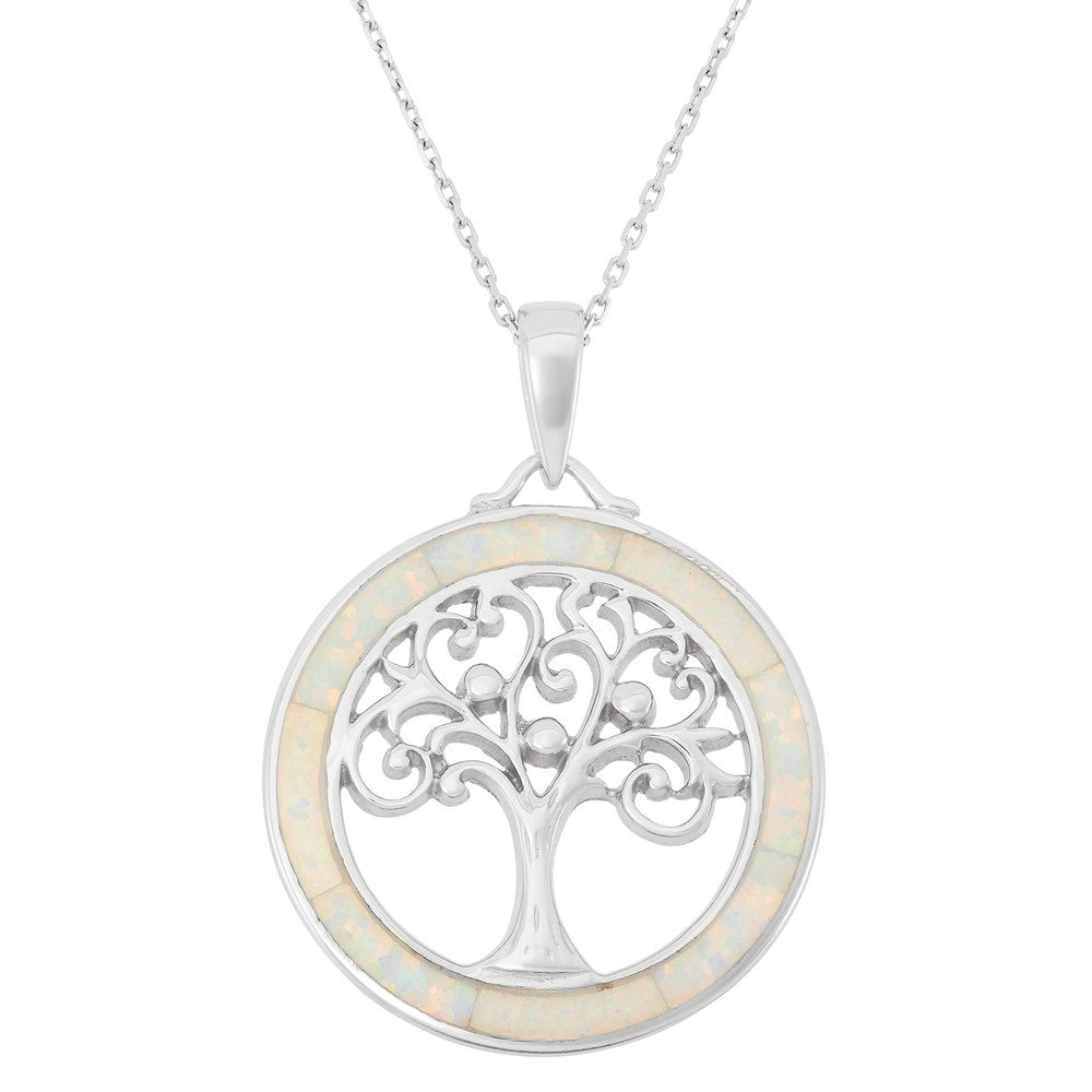 Sterling Silver White Inlay Opal Tree of Life Pendant Pendants