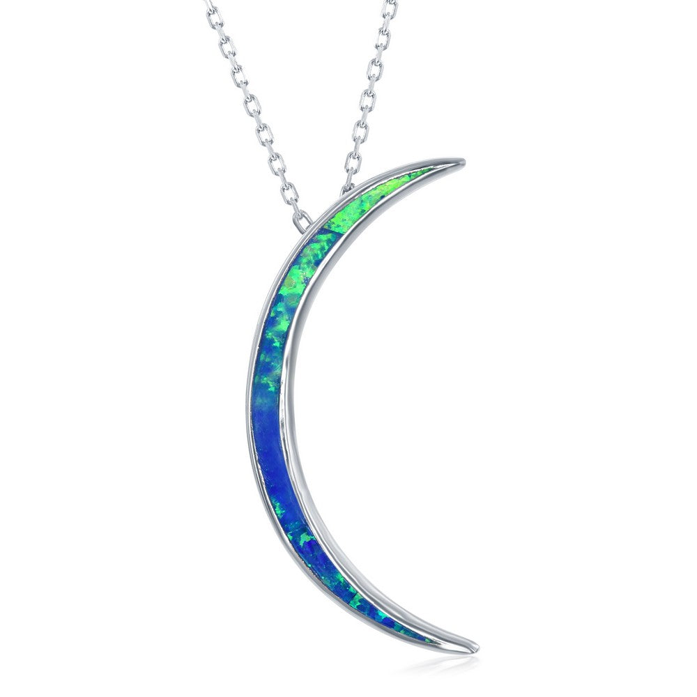 Sterling Silver Blue Inlay Opal Thin Crescent Moon Pendant Pendants