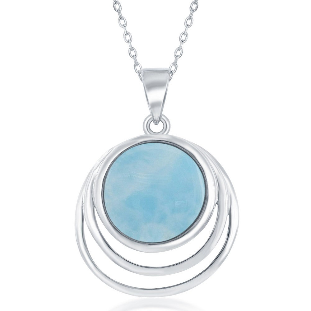 Sterling Silver Triple Wave Deisign Round Center Larimar Pendant Pendants