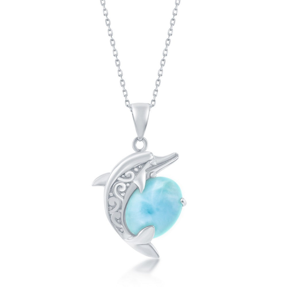 Sterling Silver Designed Dolphin Larimar Pendant Pendants