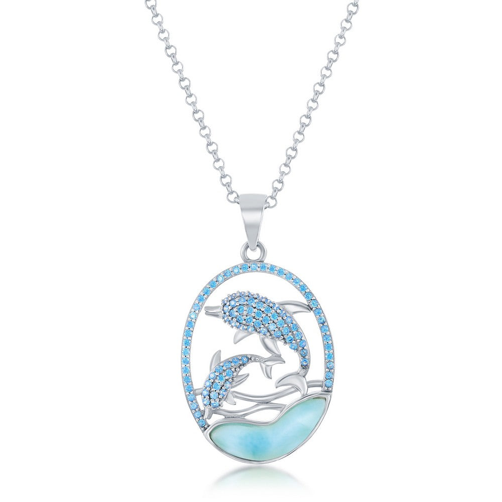 Sterling Silver Blue CZ Dolphins and Larimar Pendant Pendants