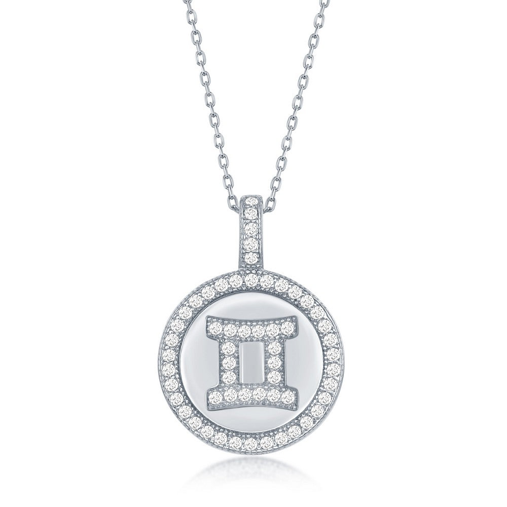 Sterling Silver Micro Pave 'Gemini' Zodiac Disc Pendant W/ Chain Pendants