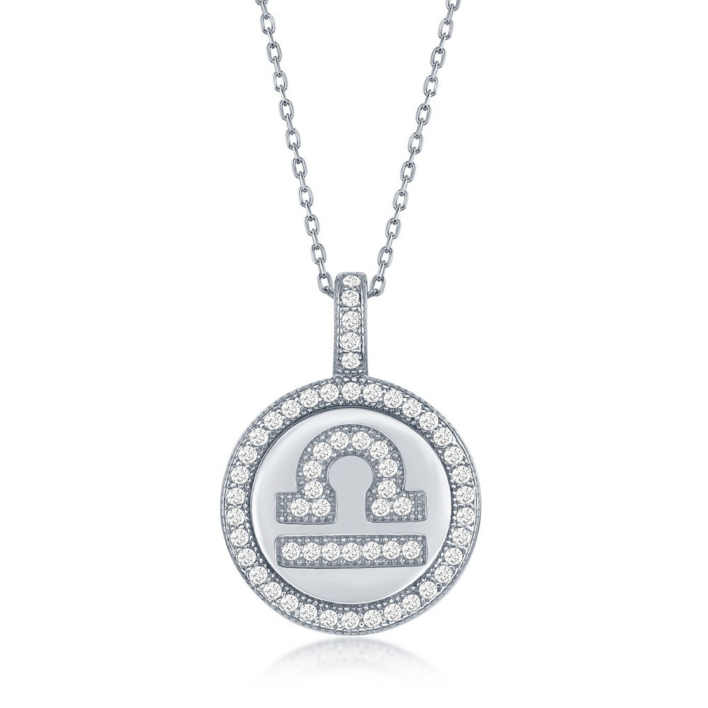 Sterling Silver Micro Pave 'Libra' Zodiac Disc Pendant W/ Chain Pendants