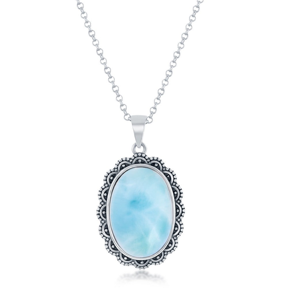 Sterling Silver Oval Larimar Filigree Design Oxidized Pendant Pendants