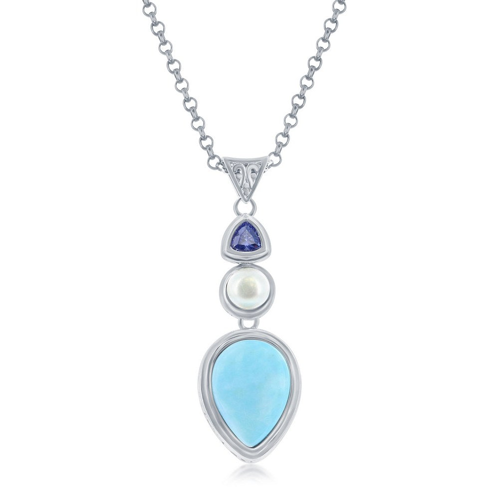 Sterling Silver, Pearshaped Larimar with FWP and Tanzanite CZ Pendant Pendants