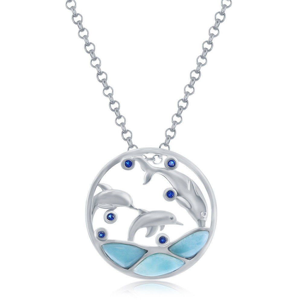 Sterling Silver, Larimar & CZ Diving Dolphins Round Pendant Pendants