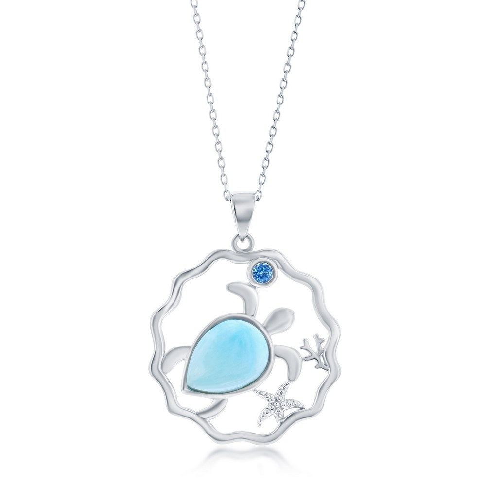 Sterling Silver Larimar Turtle & Small Blue CZ Pendant Pendants