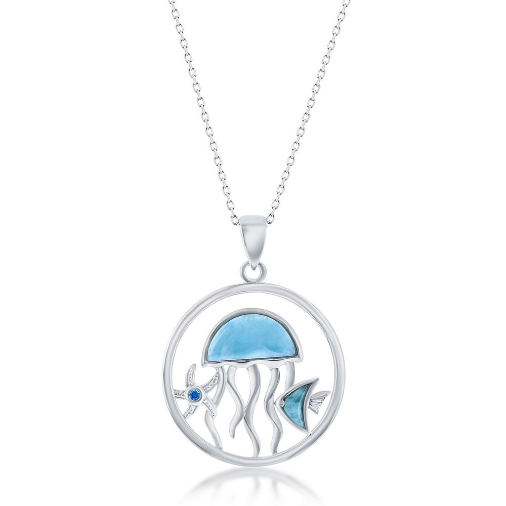 Sterling Silver Larimar Jellyfish, Fish & Blue CZ Starfish Pendant Pendants