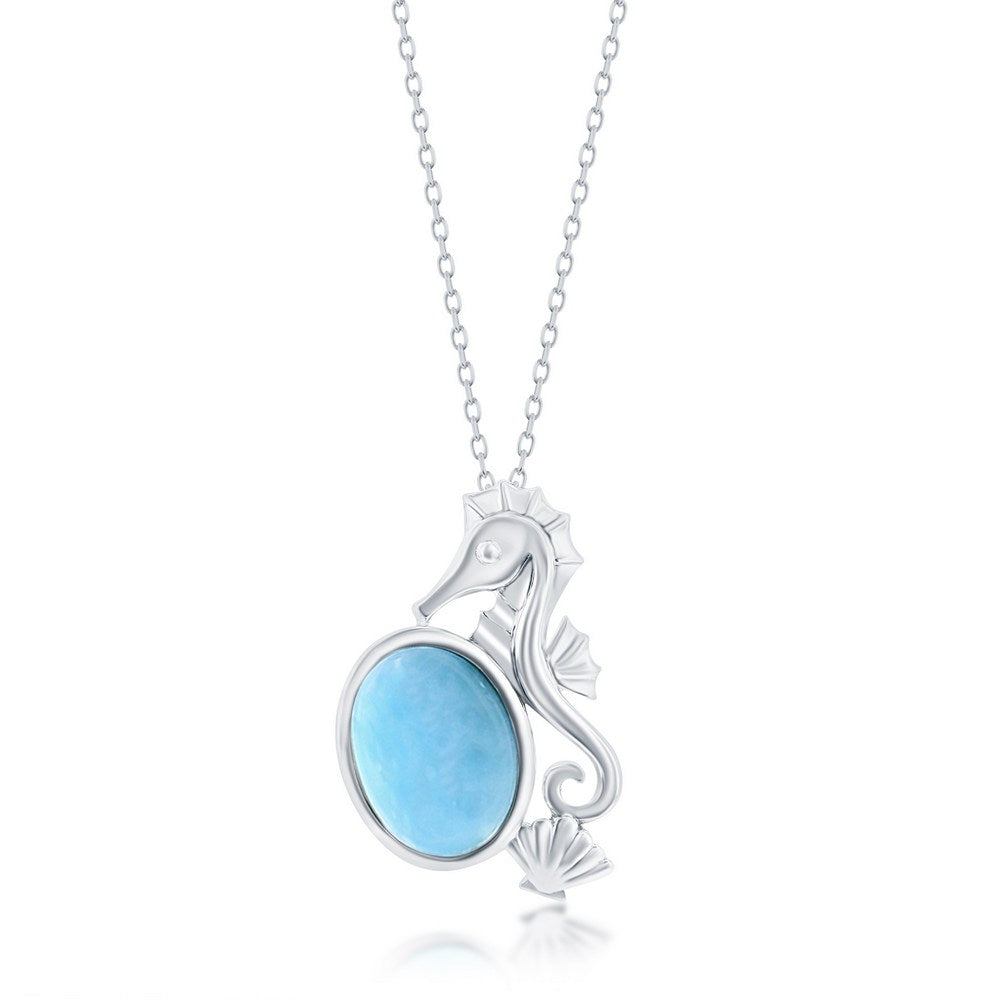 Sterling Silver Seahorse, Seashell & Oval Larimar Pendant Pendants