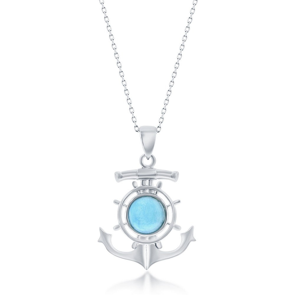 Sterling Silver Round Larimar Anchor Ship Wheel Pendant Pendants