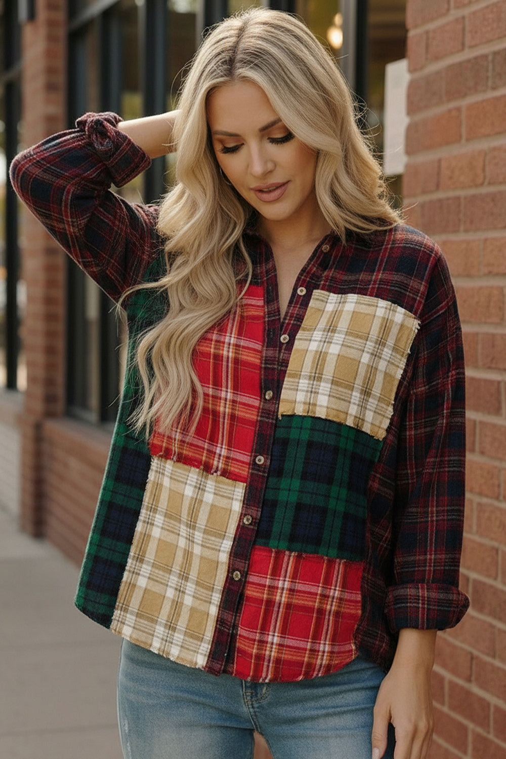 Kori America womens vibrant plaid patchwork flannel button-down shirt