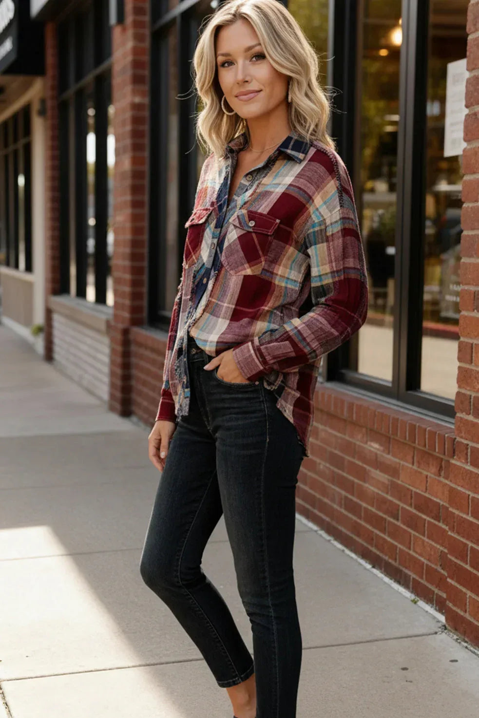 Kori America Button-Up Plaid Flannel Shirt - DAVERRI FASHIONS