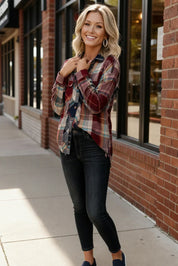 Kori America Button-Up Plaid Flannel Shirt - DAVERRI FASHIONS