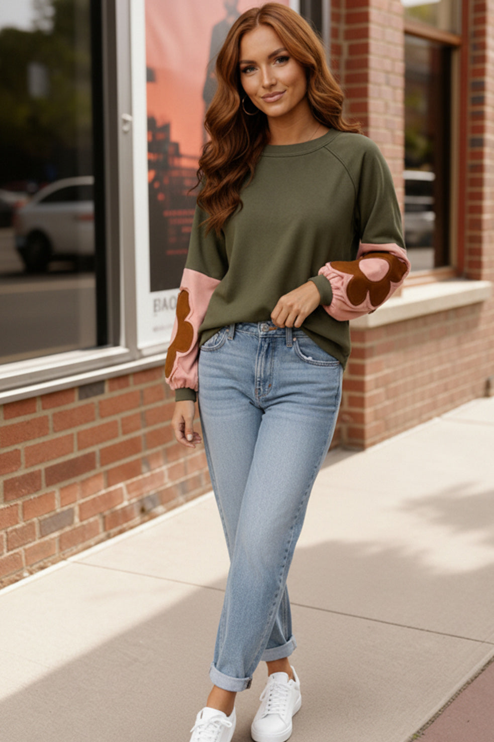 Sweetheart Sleeves olive green floral cozy sweatshirt with jeans and sneakers