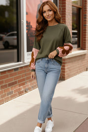 Sweetheart Sleeves olive green floral cozy sweatshirt with jeans and sneakers