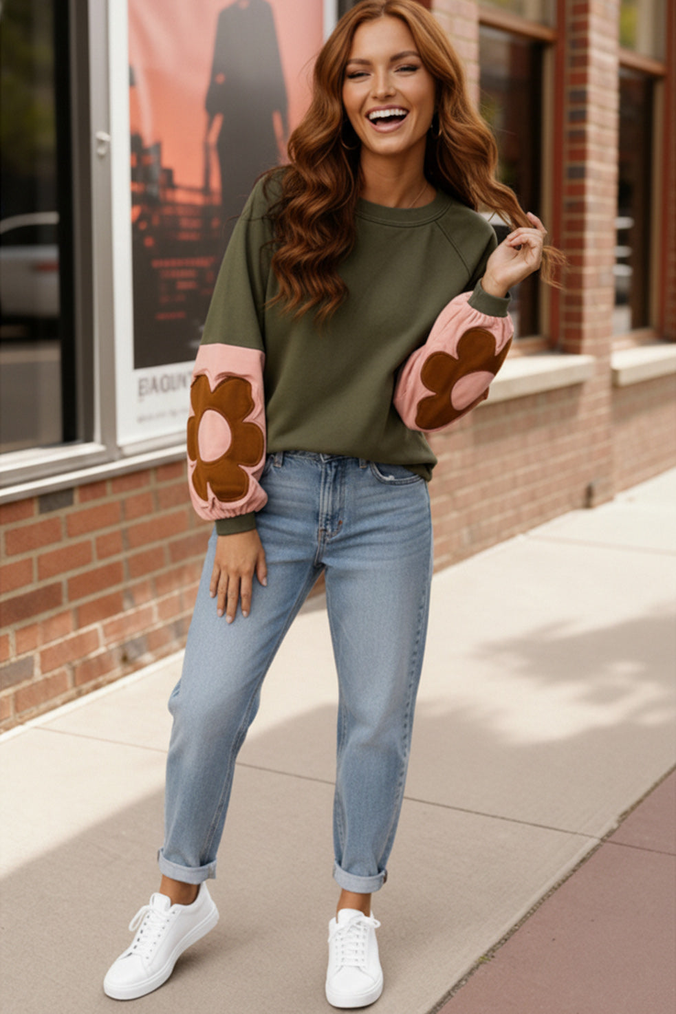 Olive green Sweetheart Sleeves Cozy Sweatshirt with brown floral elbow patches and white sneakers