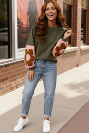 Olive green Sweetheart Sleeves Cozy Sweatshirt with brown floral elbow patches and white sneakers