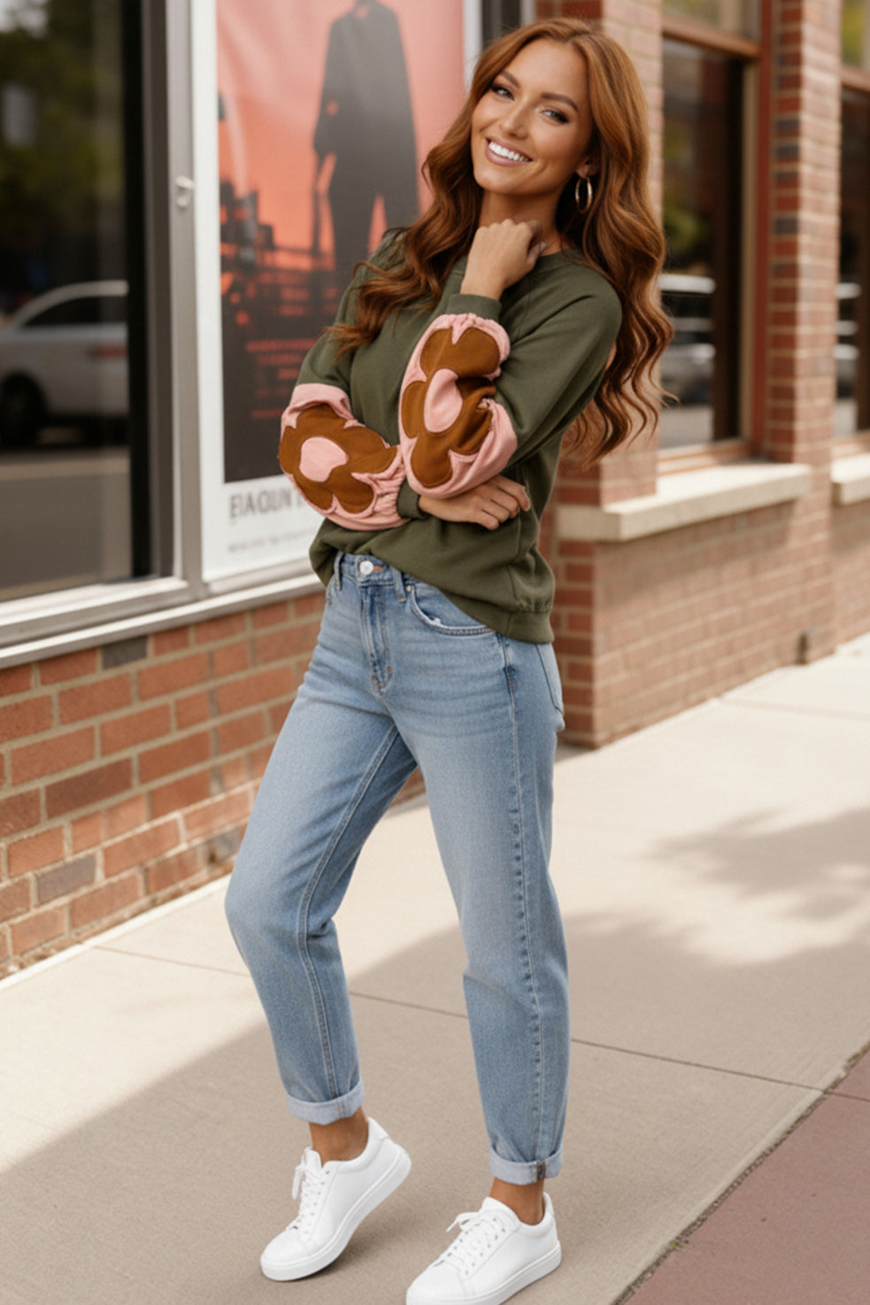 Olive green and pink Sweetheart Sleeves Cozy Sweatshirt with floral design