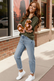 Olive green and pink Sweetheart Sleeves Cozy Sweatshirt with floral design