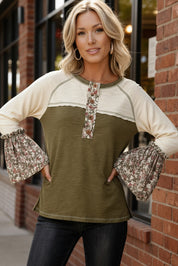 Garden Whimsy Bell Tee: olive green cream floral bell-sleeved cotton top