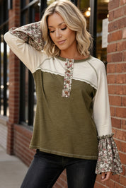 Garden Whimsy Bell Tee in olive green and cream with sequins