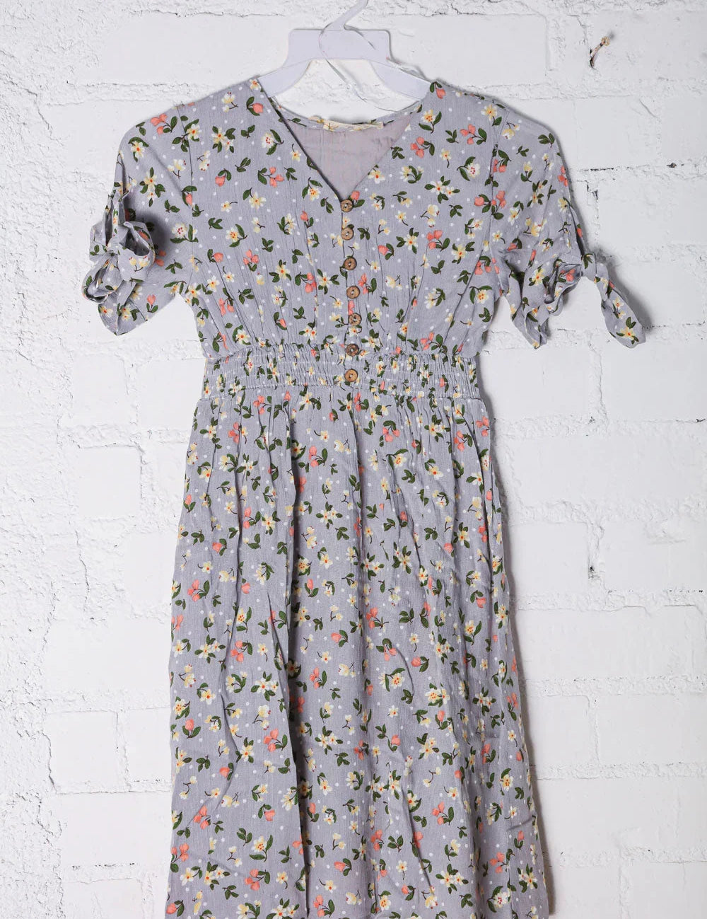 Kids Adorable Blue Smocked Waist Floral Bow Tie Sleeve Dress | Daverri Fashions