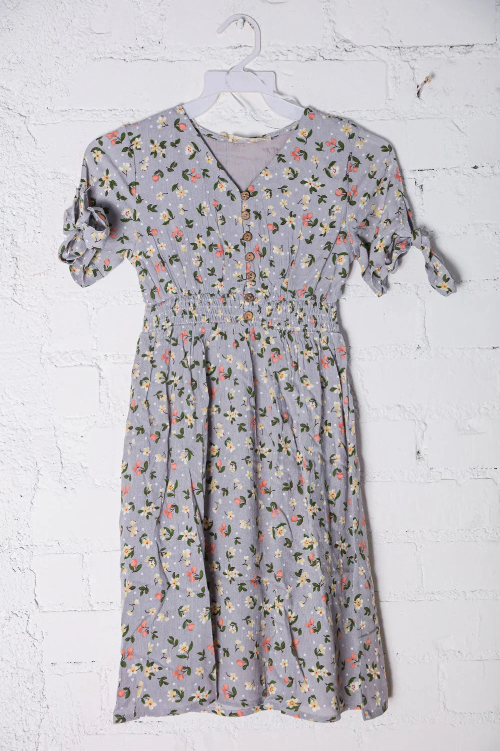 Kids Adorable Blue Smocked Waist Floral Bow Tie Sleeve Dress | Daverri Fashions