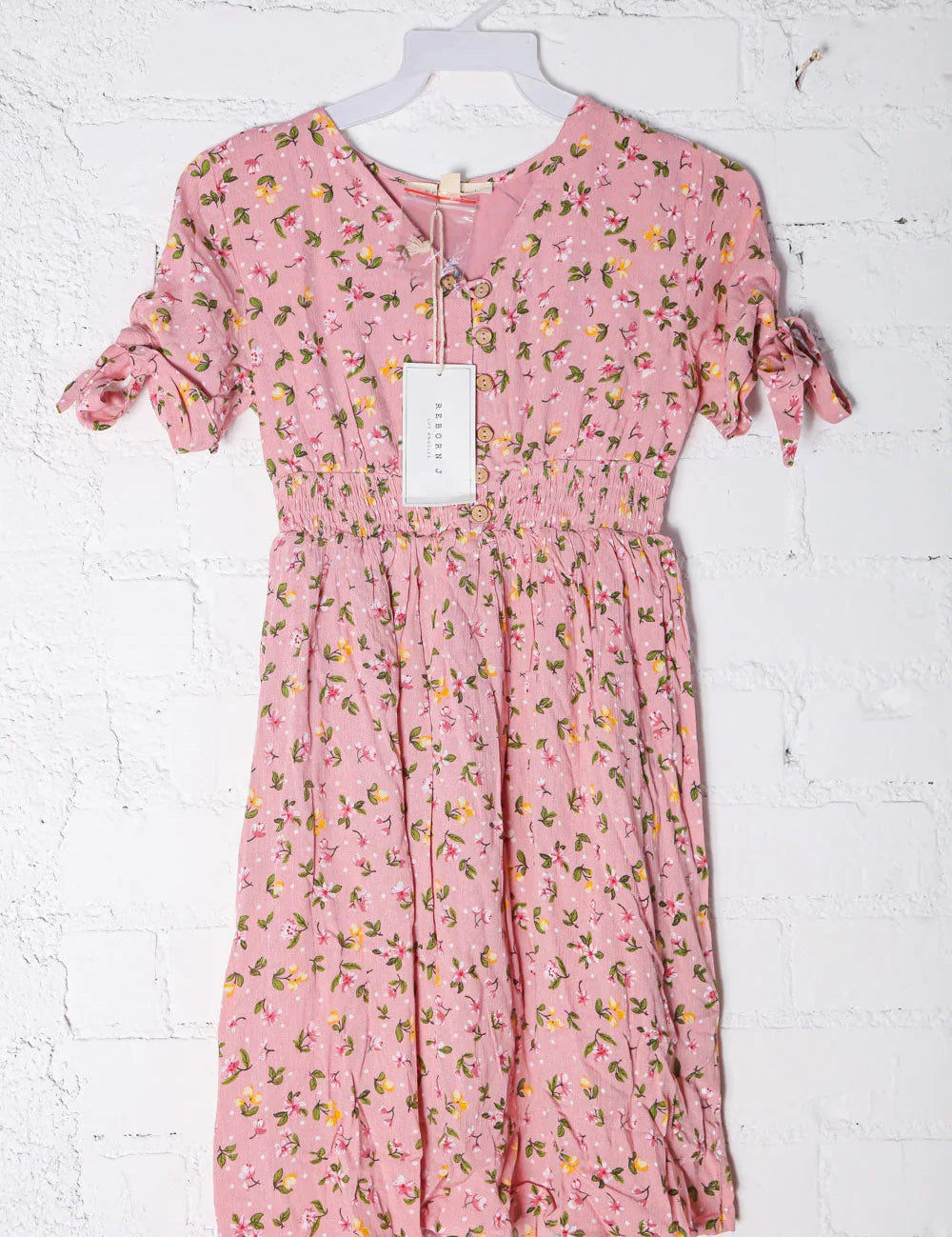 Kids Adorable Rose Smocked Waist Floral Bow Tie Sleeve Dress | Daverri Fashions