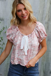 Feeling Femme' Blush Scoop Neck Floral Top w/Bow | Daverri Fashions