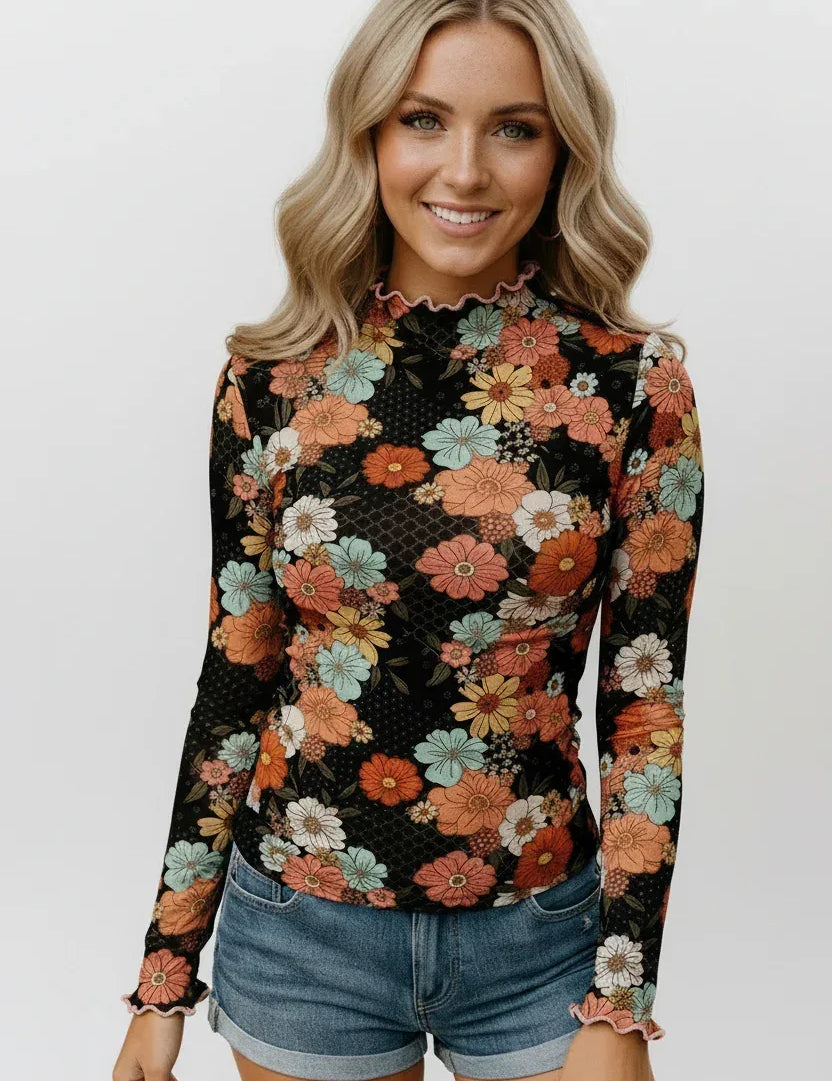 Kori America Retro Floral Mock Neck Top - DAVERRI FASHIONS
