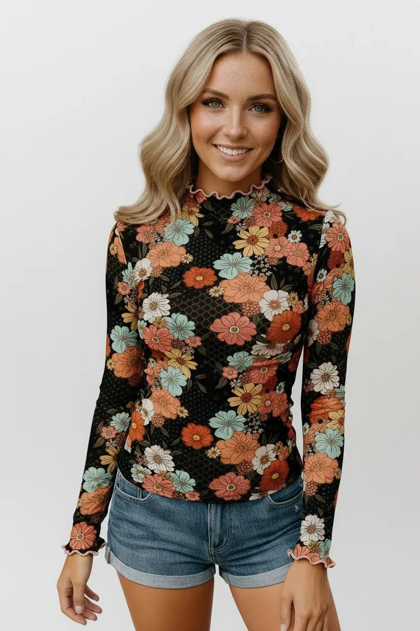 Kori America Retro Floral Mock Neck Top - DAVERRI FASHIONS