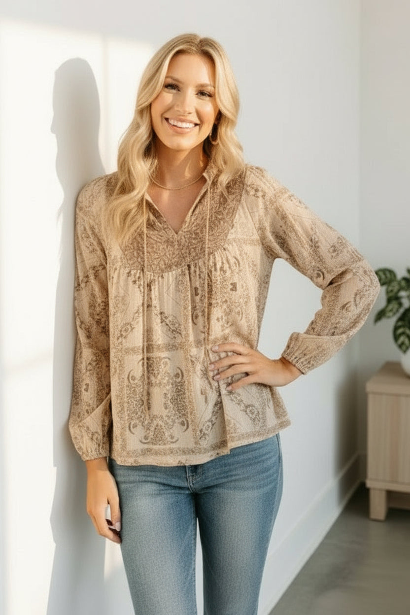 Kori America Vintage Vineyard Boho Blouse in beige paisley