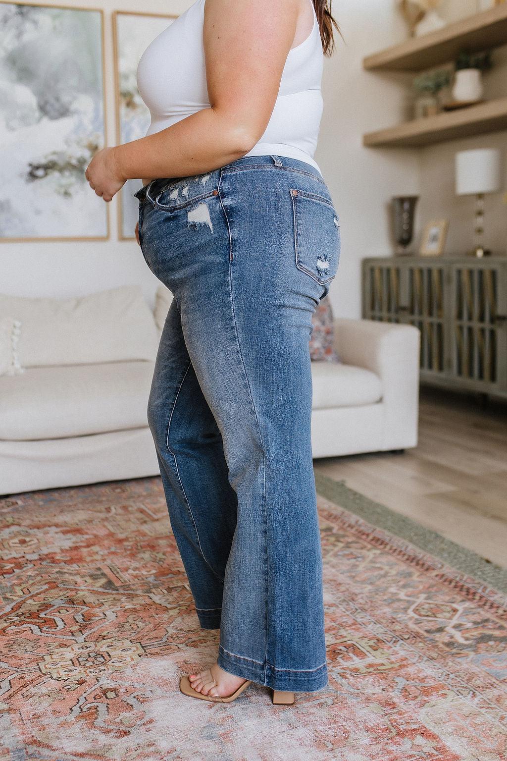 High Waist Distressed Denim Wide Leg Trousers Jeans