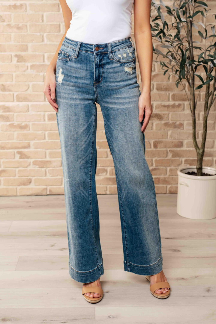 High Waist Distressed Denim Wide Leg Trousers Jeans