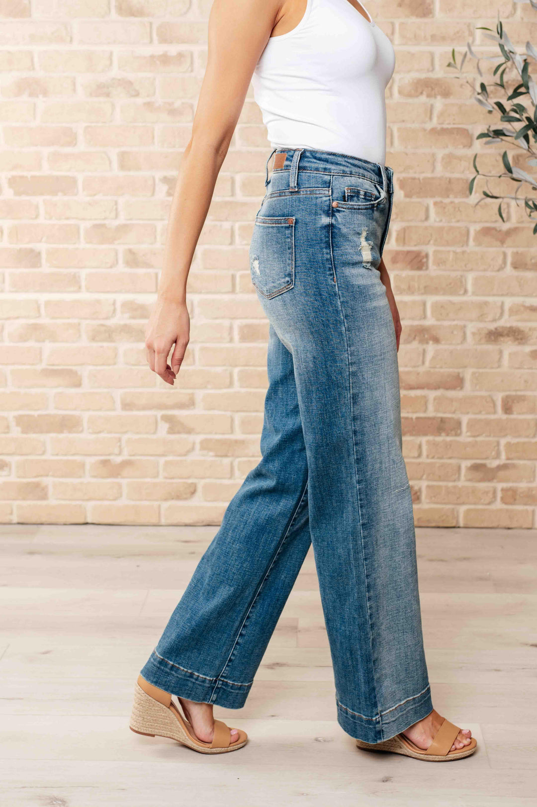 High Waist Distressed Denim Wide Leg Trousers Jeans