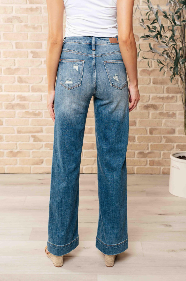 High Waist Distressed Denim Wide Leg Trousers Jeans