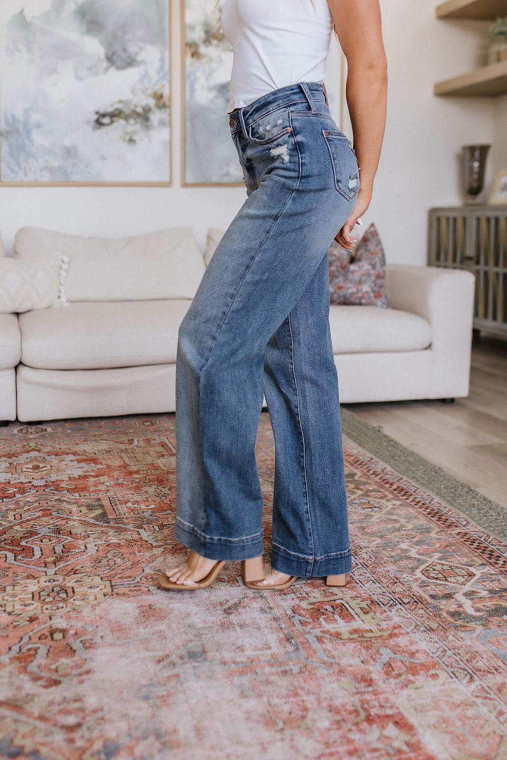 High Waist Distressed Denim Wide Leg Trousers Jeans