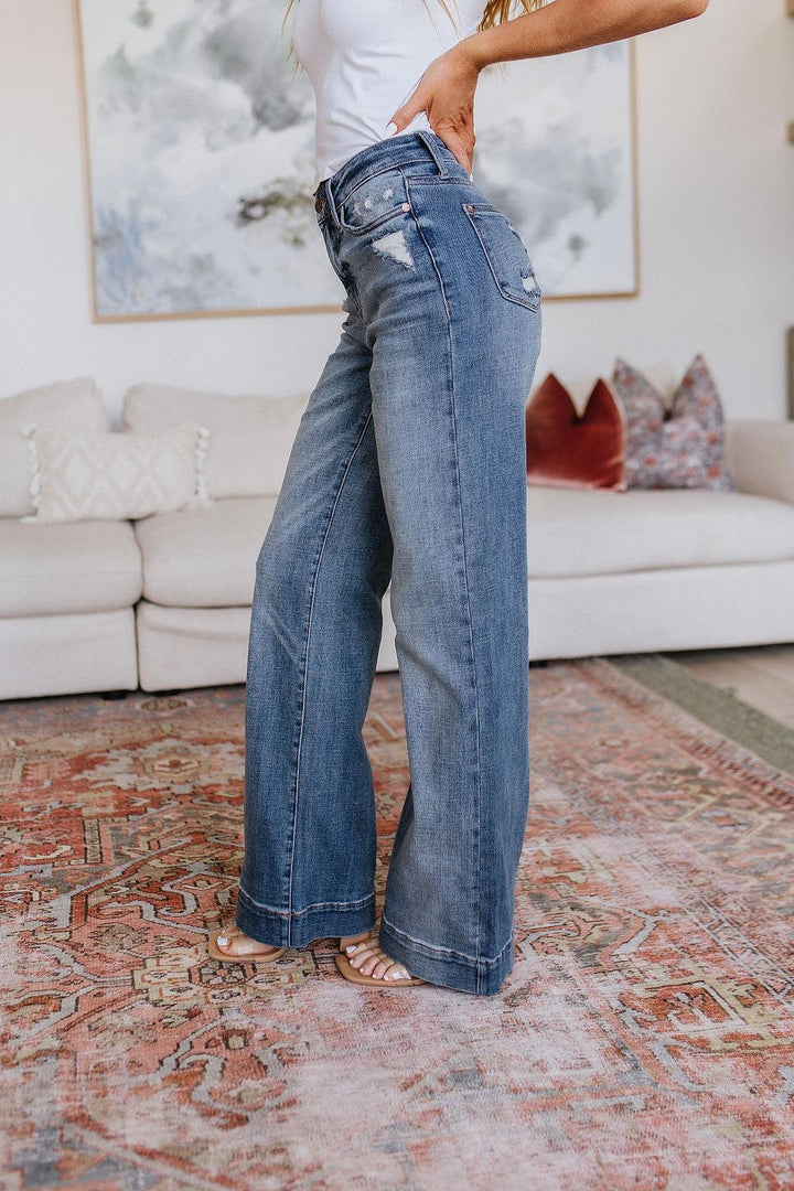 High Waist Distressed Denim Wide Leg Trousers Jeans