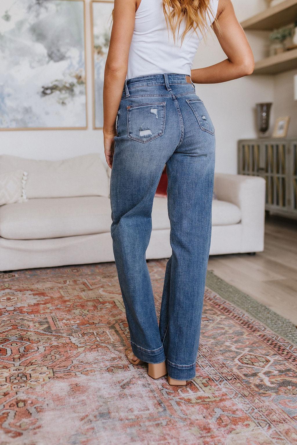 High Waist Distressed Denim Wide Leg Trousers Jeans