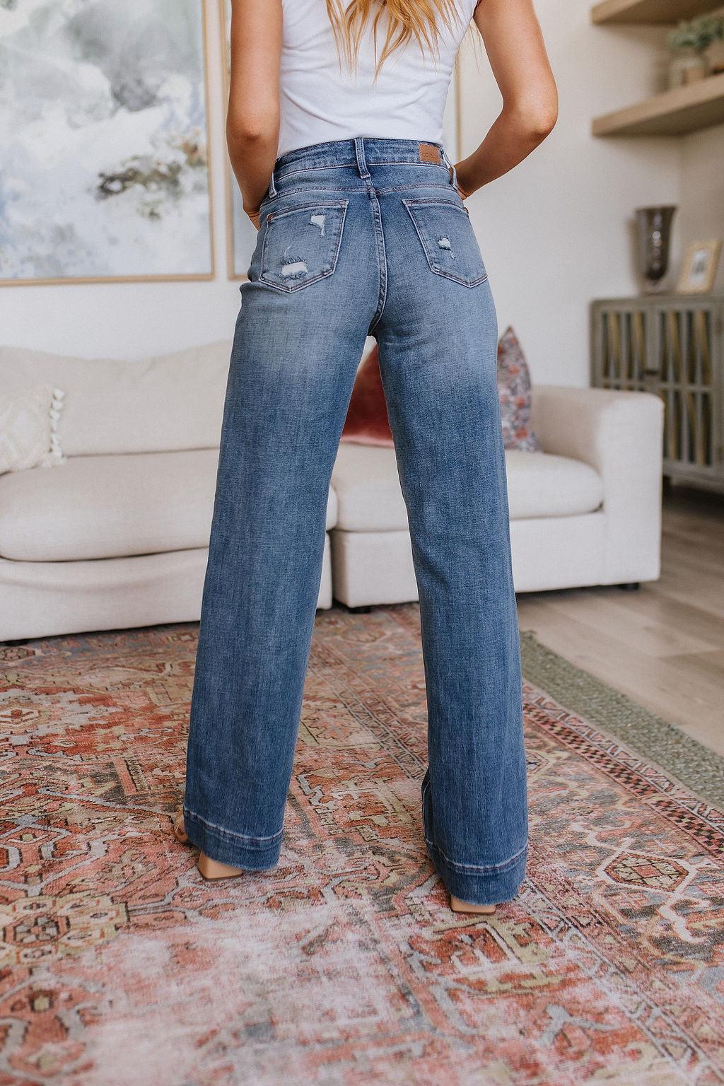 High Waist Distressed Denim Wide Leg Trousers Jeans