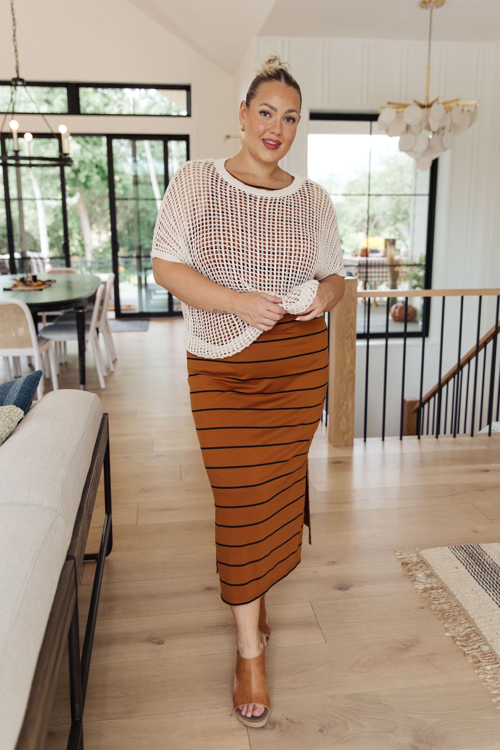 Coastal Dreams cream fishnet top with brown striped knitted skirt