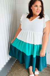 Seafoam & Emerald Tiered Frill Sleeve Midi Dress | Daverri Fashions