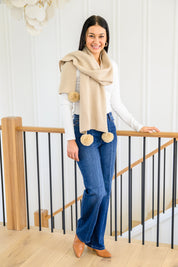 Knitted Fuzzy Pom Pom Scarf In Beige Accessories