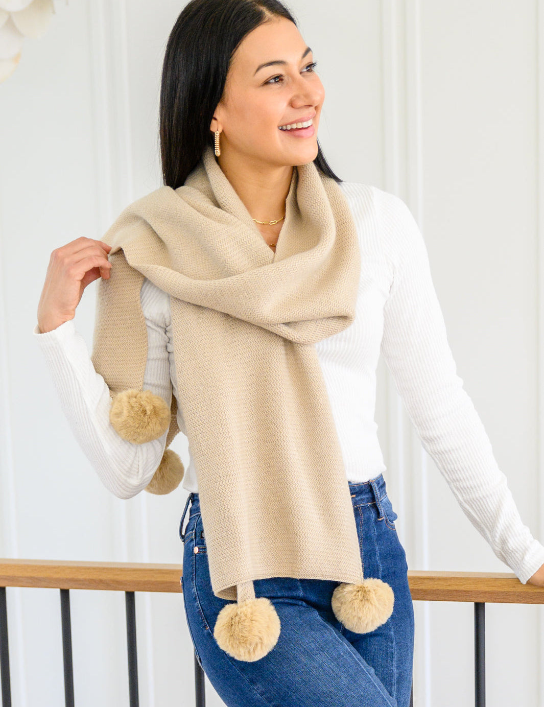 Knitted Fuzzy Pom Pom Scarf In Beige Accessories